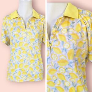 Lands End Retro Lemon Golf Shirt XL Yellow Beige White Check Collared Top